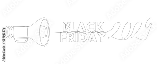 One continuous line of Megaphone with Black Friday 2024 text. Thin Line Illustration vector concept. Contour Drawing Creative ideas.