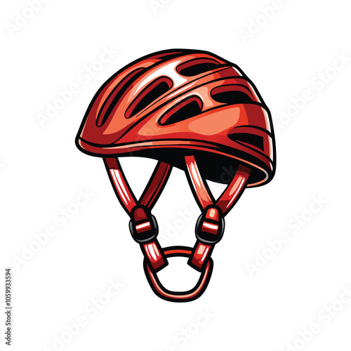 Illustrate a mountaineering helmet with safety straps and a headlamp attached, showcasing its robust design and safety features.