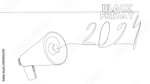 One continuous line of Megaphone with Black Friday 2024 text. Thin Line Illustration vector concept. Contour Drawing Creative ideas.