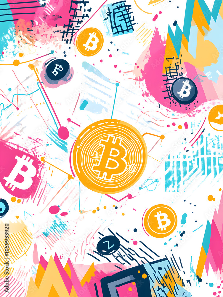 Fototapeta premium dollar production, coins, stock graphs, and Bitcoin in various creative graphic styles