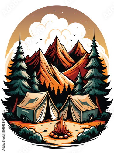 A retro camping scene featuring a vintage tent, a crackling campfire, and a starry night sky.