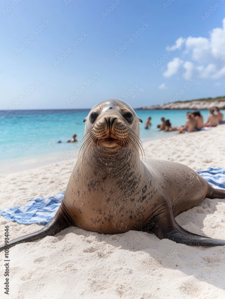 Fototapeta premium Curious seal relaxing on tropical beach