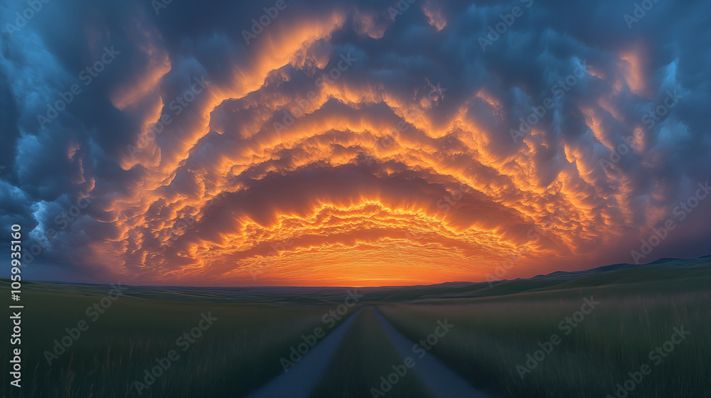 Country road through prairie with spectacular sunset and mammatus clouds Country road through prairie with spectacular sunset and mammatus clouds