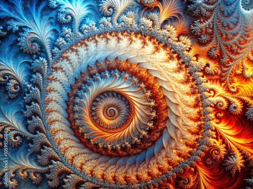 Vintage Abstract Fractal Spiral with Fiery and Frosty Textures - Stunning Artistic Representation of Nature's Duality in Vibrant Colors
