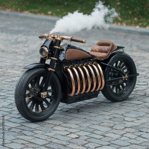 Futuristic steampunk motorcycle with copper accents photo