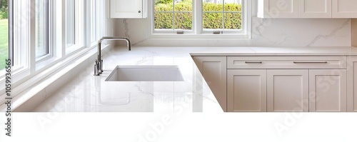 Modern kitchen interior with white cabinets, marble countertop, and sink, showcasing bright natural light from windows.