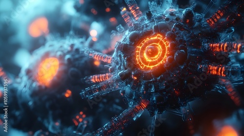 Intricate Nanobots Repairing Damaged Cells in Glowing Microscopic Structures