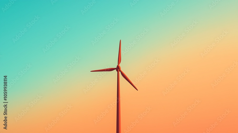 Obraz premium A vibrant wind turbine silhouetted against a colorful gradient sky, symbolizing renewable energy and sustainable future.