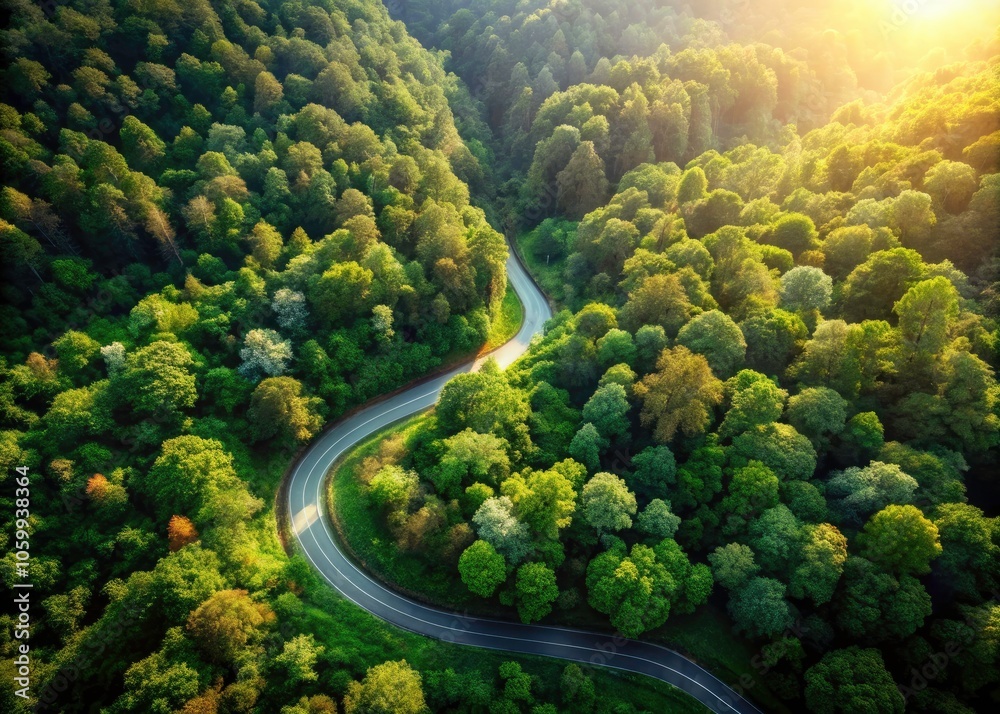 Winding Road Through Lush Green Forest with Sunlight Streaming, Scenic Aerial View, Nature's Beauty, Serene Landscape, Road Trip Adventure, Tranquil Wilderness, Forest Pathway