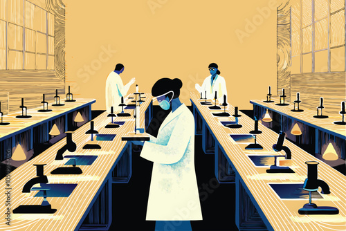 A colorful and whimsical vector illustration of a science lab filled with beakers, test tubes, microscopes, and other scientific equipment.