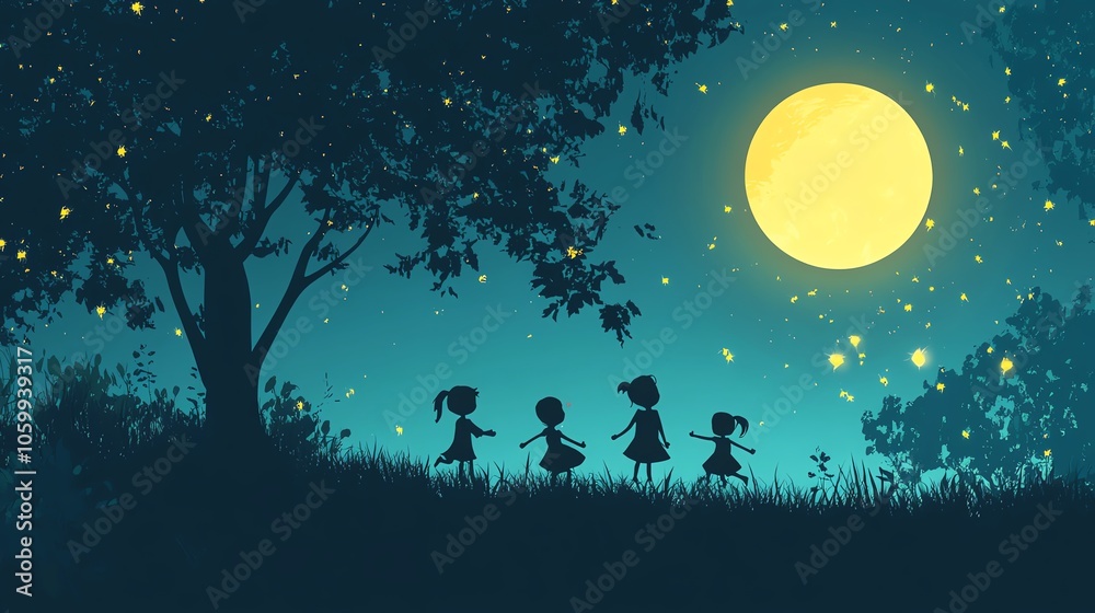 Naklejka premium Silhouette of children dancing under a full moon, surrounded by glowing fireflies in a tranquil setting.