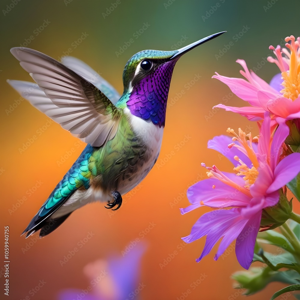 Fototapeta premium A colorful hummingbird with green, blue, and purple feathers