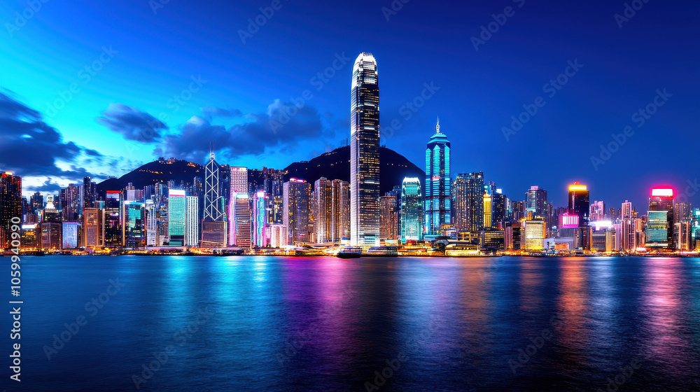Fototapeta premium bustling cityscape at night with illuminated skyscrapers and reflections on water, showcasing vibrant lights and lively atmosphere