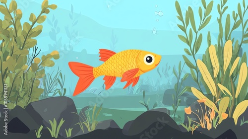 A vibrant goldfish swimming among green aquatic plants in a serene underwater environment. photo