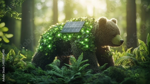 A robotic bear with sensors and solar power, monitoring wildlife populations and tracking endangered species in a remote forest, contributing to conservation efforts. photo