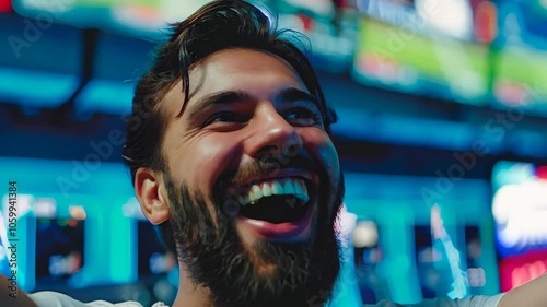 A young man with a full beard, wearing a casual white t-shirt, joyfully celebrates in a vibrant sports bar, arms raised, amidst bright screens and an energetic atmosphere. photo