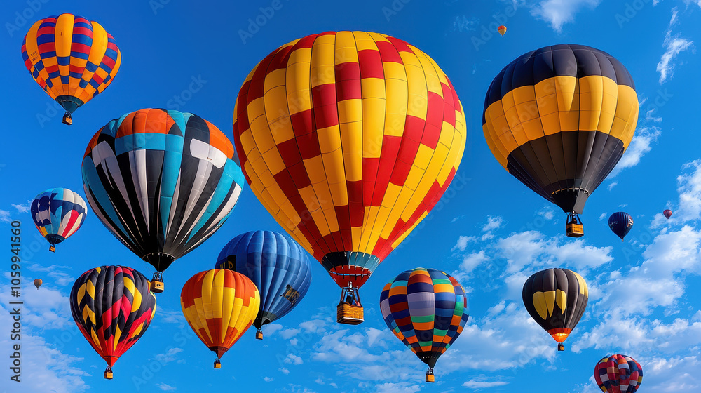 Obraz premium Colorful hot air balloons fill sky at vibrant festival, showcasing various patterns and colors against bright blue backdrop