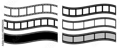 Film strip vector icons collection. Set of film strip vector icons isolated. Film tape strips for movie, cinema and reel. Filmstrip with frames, photo and videos for camera. Vector illustration.