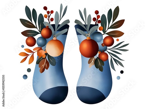 Brighten up your Christmasthemed projects with this whimsical stock photo featuring a pair of intricately designed Christmas socks embellished with a festive wreath and ornaments photo