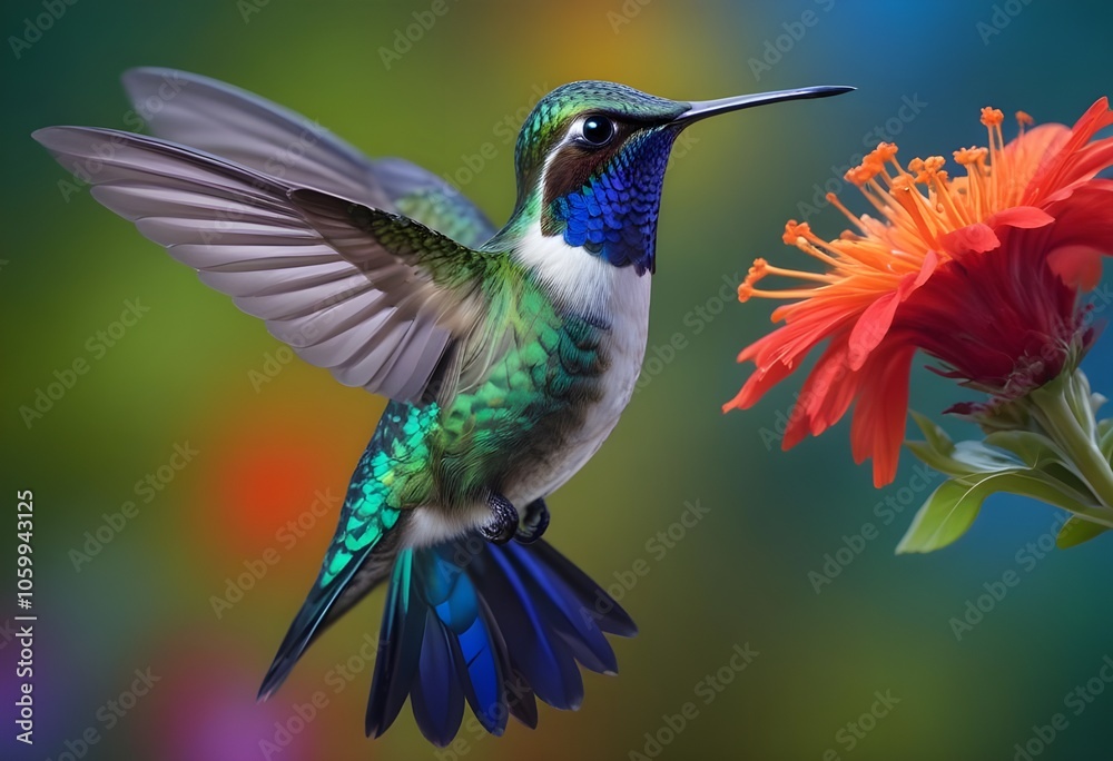 Fototapeta premium A colorful hummingbird with a vibrant green, blue, and red hovering near red flower