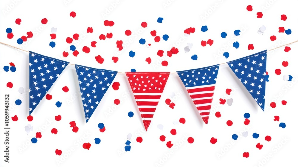 Obraz premium 4th of July bunting flags and confetti in patriotic colors isolated on white background