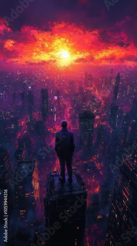 a ceo overlooking a sprawling cityscape standing confidently on a skyscrapers edge the sunset bathes the scene in golden and purple hues symbolizing success and ambition in a digital art style photo