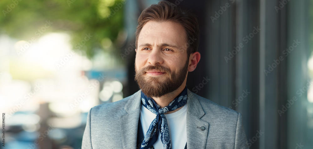 Naklejka premium Business man, city and thinking in street for travel, commute and direction for job at fashion magazine. Person, editor or journalist with style, perspective and happy on sidewalk with suit in Italy