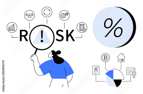Businesswoman analyzing risk factors represented by icons with a magnifying glass, highlighting interconnected financial elements and a large percentage chart. Ideal for finance, decision-making