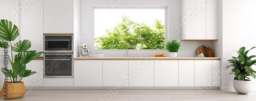 White minimalist cabinets in a bright kitchen, elegant design, built-in appliances, wooden accents, natural light through large windows, serene and inviting