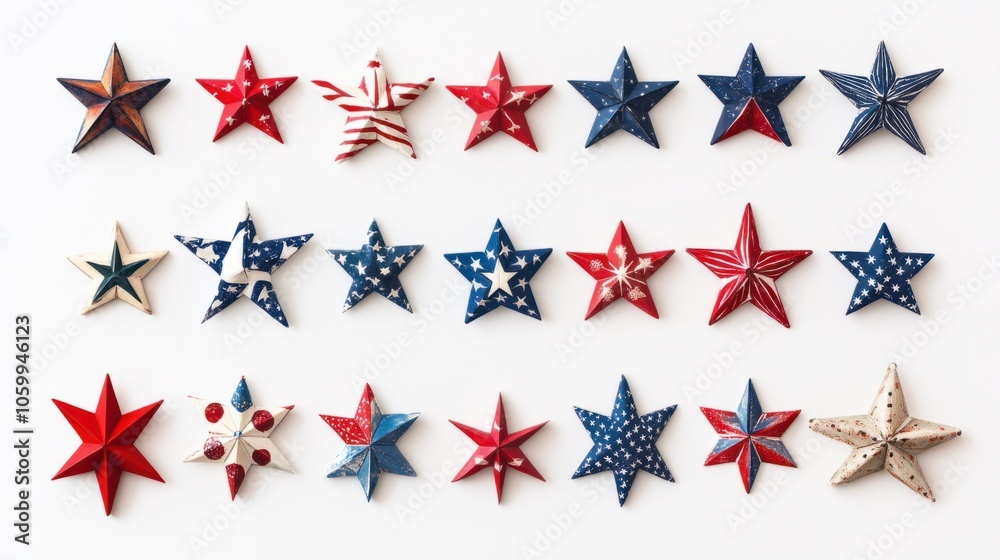 Fototapeta premium Collection of patriotic stars and flags for 4th of July on a white background