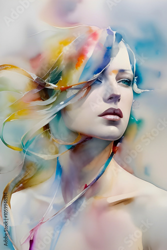 colorful aquarell artistic young woman face portrait, with wavy, curly hair, fashion painted, girl, speed splash by Generative AI, watercolor illustration