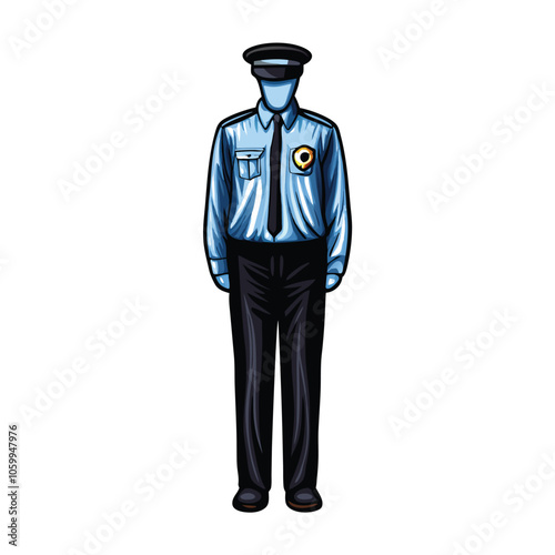 A vector illustration of a security guard uniform, featuring a blue shirt, with details like badges, pockets, and other accessories.