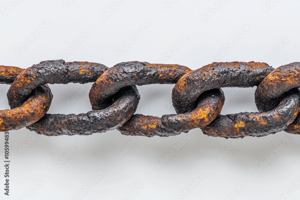Fototapeta premium Rusty chain lying on white background representing strength and decay