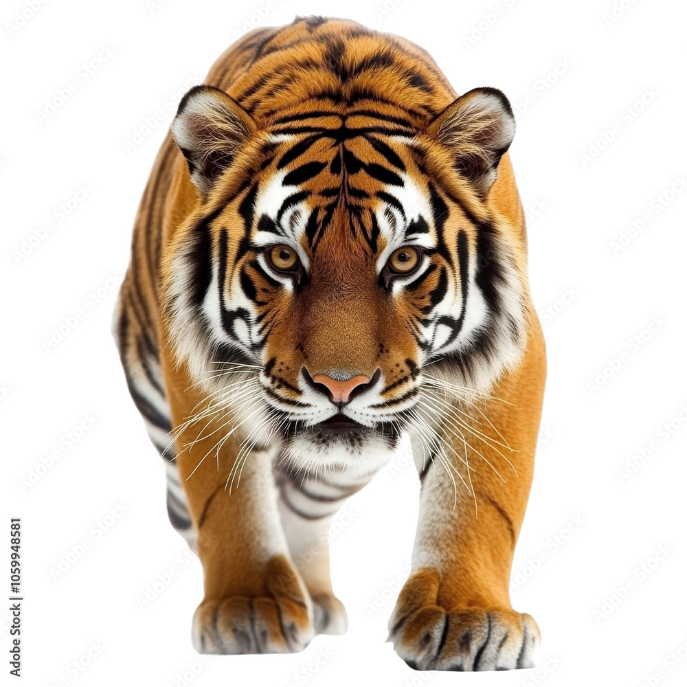 Obraz premium Tiger walking with intense gaze, white isolate background