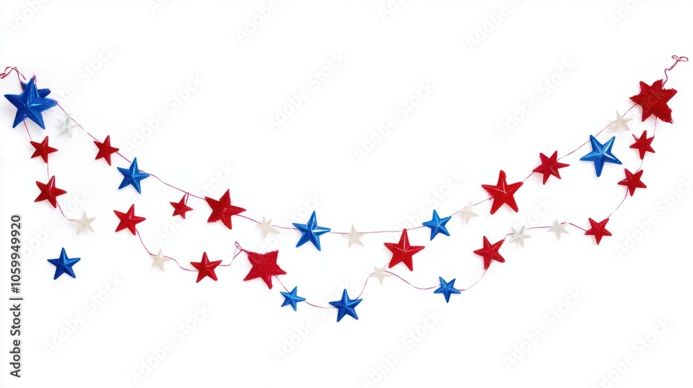 Obraz premium Red, white, and blue garland with stars for Independence Day isolated on white