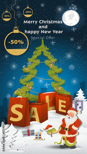 Special offer Sale inscription in the form of large packages standing in a snowy clearing A snake in a Santa hat wraps around Santa Claus