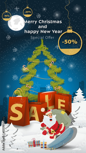 Special offer Sale inscription in the form of large packages standing in a snowy clearing Santa Claus with a bag of gifts on a snowboard