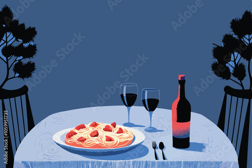 A vibrant and colorful vector illustration of a classic Italian dinner featuring pasta, wine, cheese, and bread.