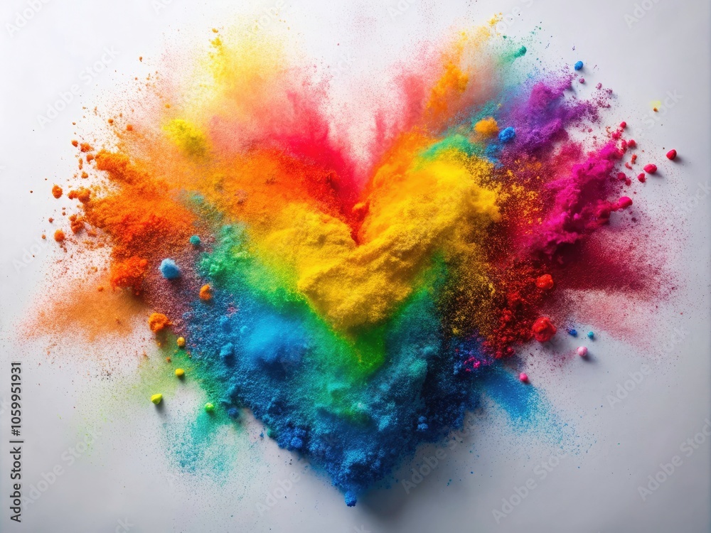 Obraz premium Colorful Rainbow Holi Paint Powder Explosion in Heart Shape on White Background â€“ Vibrant Long Exposure Capture of Festive Celebration and Joyful Colors