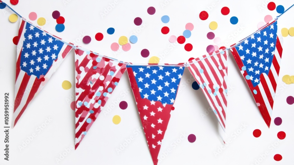 Obraz premium Set of decorative flags and confetti for 4th of July celebration isolated on white
