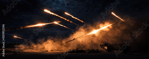 Explosive night scene featuring airstrikes with glowing tracer rounds illuminating dark sky, creating dramatic and intense atmosphere photo