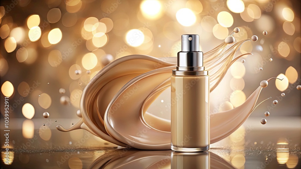 Naklejka premium Creamy Beige Foundation Splash with Bokeh Effect for Makeup Cosmetic Mockup â€“ Minimalist Beauty Banner Design
