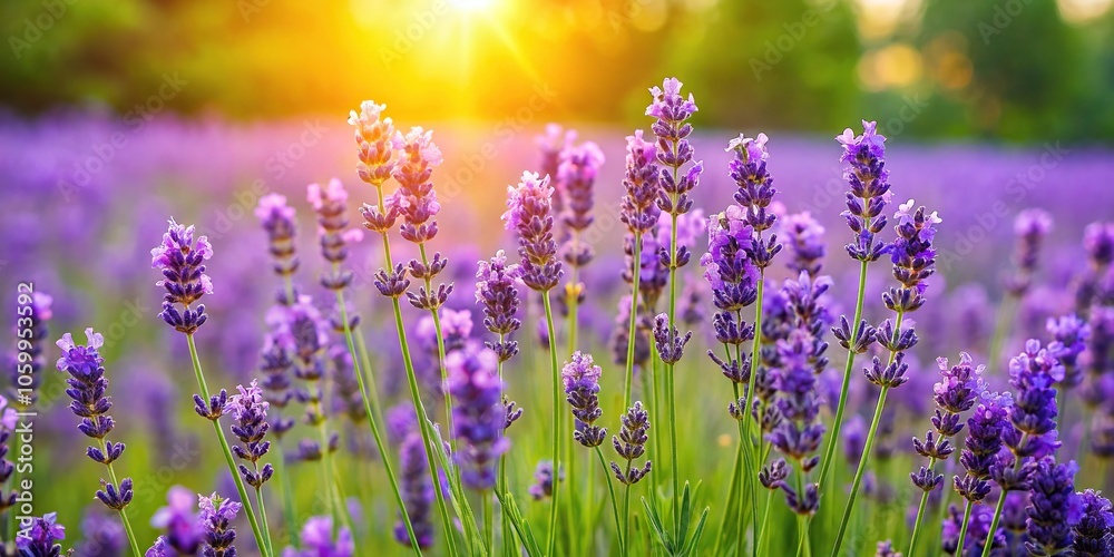 Obraz premium A vibrant cluster of lavender blooms in a lush green meadow on a warm summer afternoon, landscape, purple flowers, blossoms, wildflowers, floral arrangement
