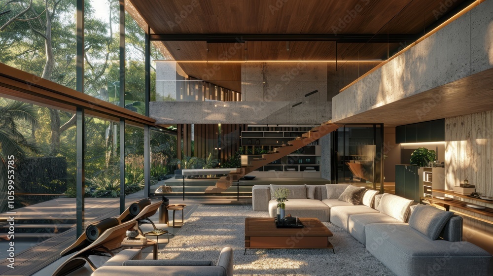 Fototapeta premium Comfortable smart home modern living room interior, AI generated image