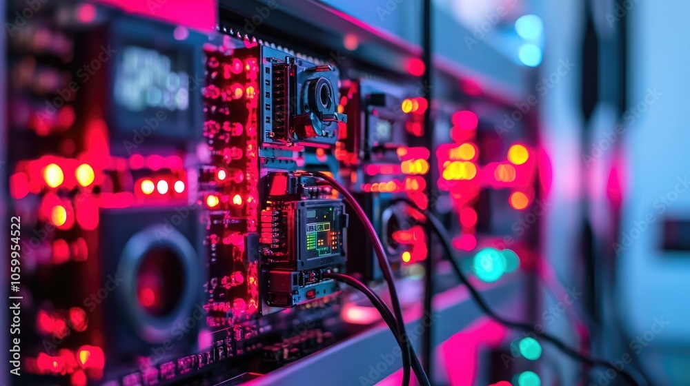 Fototapeta premium Bright circuits and data nodes in a high-tech setup, showcasing the complex interconnections of modern science