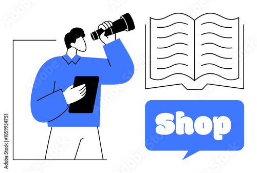 Man holding tablet looking through telescope next to open book and shop speech bubble. Blue and white palette cartoon style. Ideal for e-commerce, marketing, online learning, exploration, digital