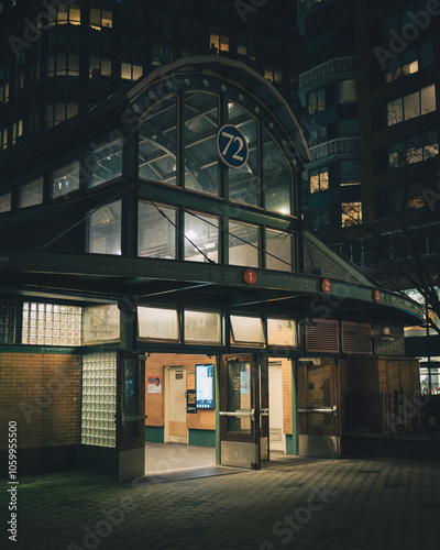 Entrance to the 72nd Street subway station at Broadway in Manhattan, New York, captured at night. photo