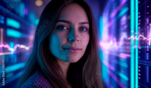 Blue-eyed woman with long brown hair analyzing holographic data projections, futuristic and focused

