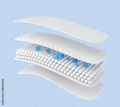 Drops of water through a layer of white fabric fiber.diapers and adults, sanitary napkins, mattress pads to absorb, 3d rendering.