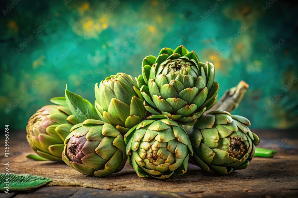 Fototapeta premium Fresh Green Artichokes on a Soft Pastel Background - Healthy Food Still Life Photography, Organic Produce, Culinary Art, Vibrant Colors, Minimalist Style, Food Aesthetics, Gourmet Ingredients